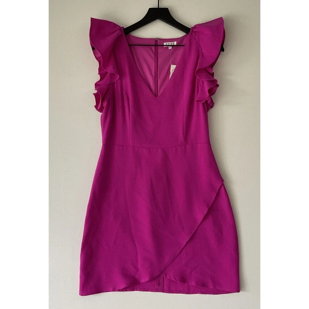 NWT TCEC Sz Med Flutter Sleeve Faux Wrap Dress Fuchsia Pink Whimsical